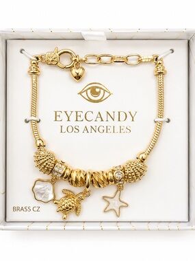 Eye Candy Gold Coastal Bracelet with Turtle, Starfish, Shell Charms - Luxe Beach
